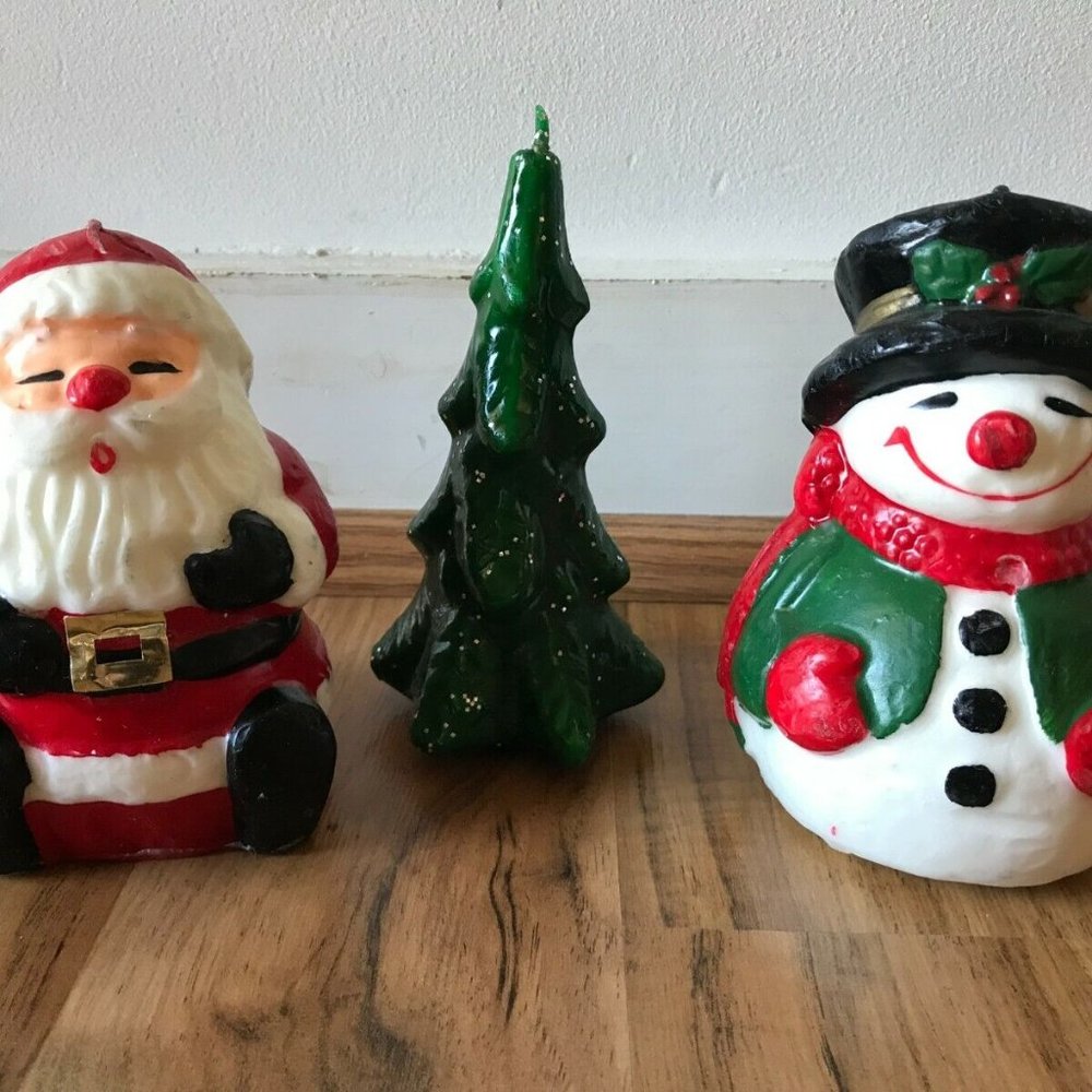 Vintage Retro Christmas Wax Candles LOT Santa Snowman Glitter Tree NEW Never Lit